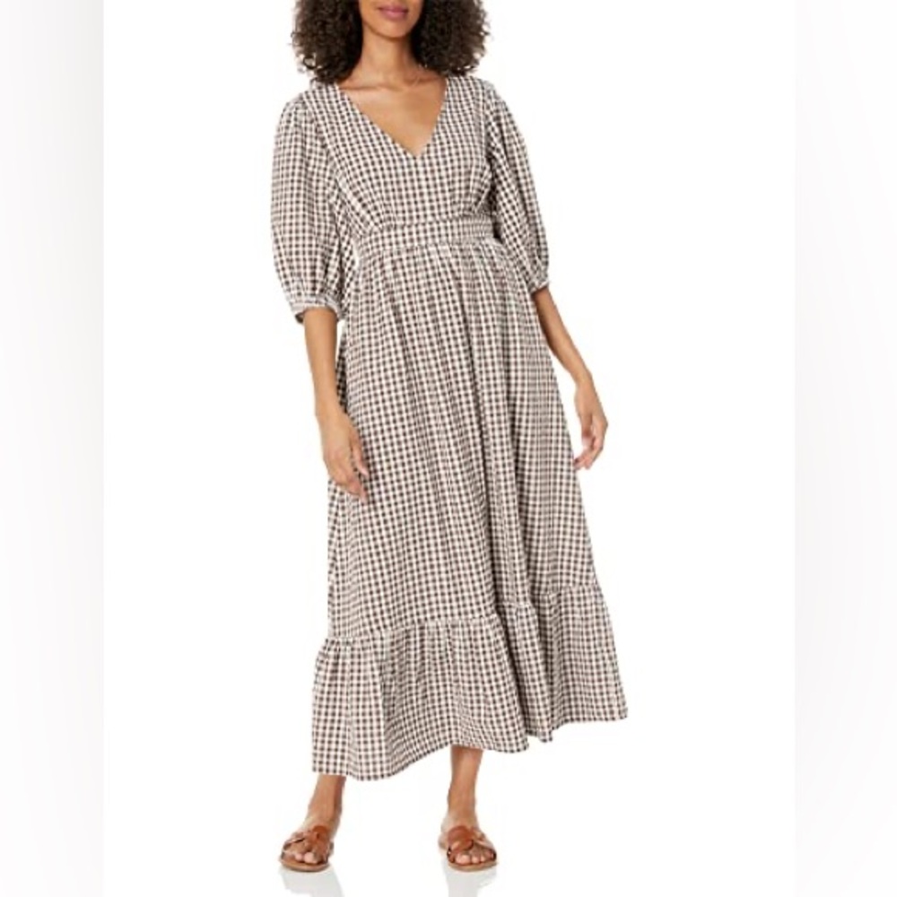 THE DROP Women's Calie V-Neck Puff-Sleeve Maxi Dress Brown Gingham